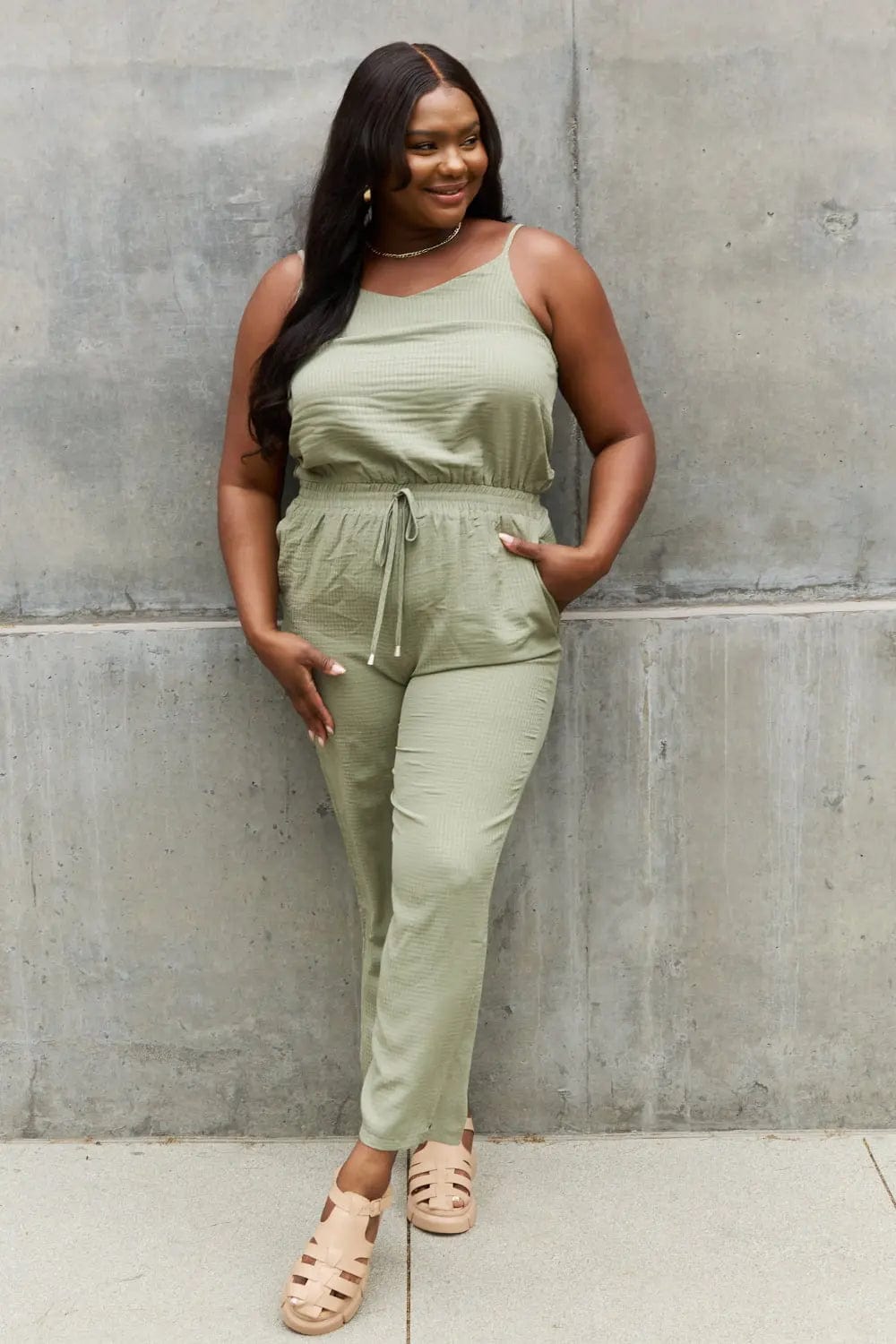 ODDI Full Size Textured Woven Jumpsuit in Sage  55.00 MPGD Corp Merchandise