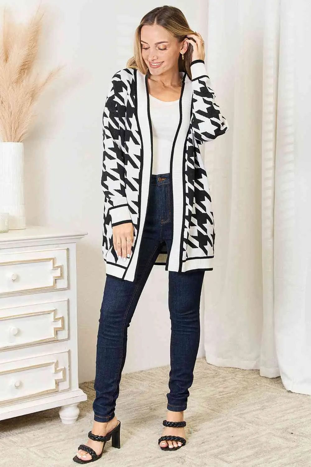 Woven Right Houndstooth Open Front Longline Cardigan Women  MPGD Corp Merchandise