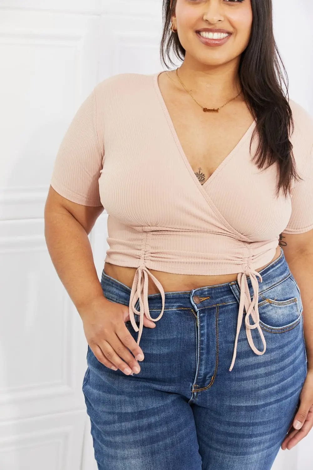 Capella Back To Simple Full Size Ribbed Front Scrunched Top in Blush  22.00 MPGD Corp Merchandise