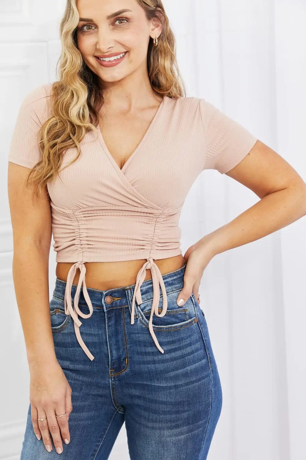 Capella Back To Simple Full Size Ribbed Front Scrunched Top in Blush  22.00 MPGD Corp Merchandise