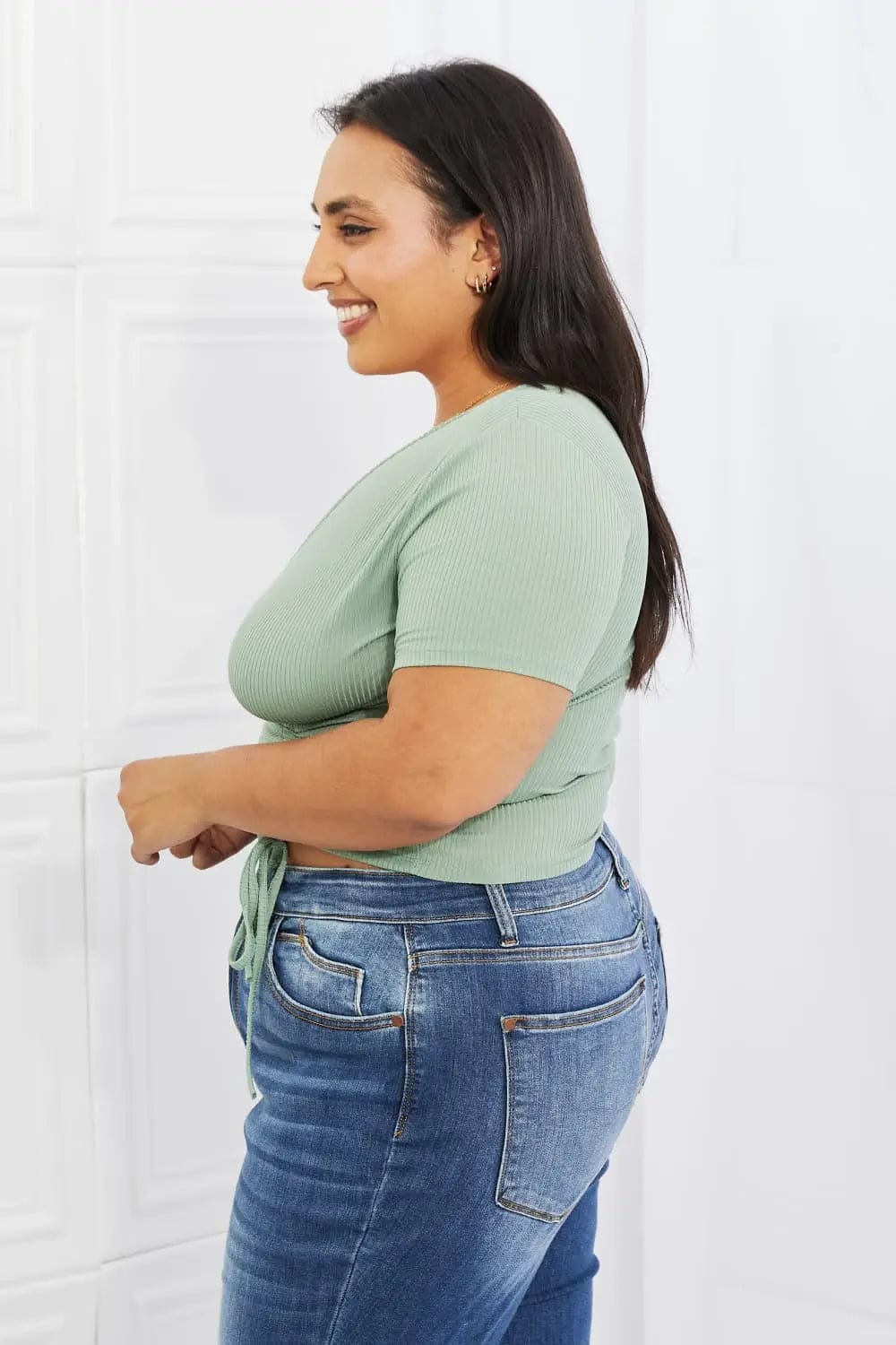 Capella Back To Simple Full Size Ribbed Front Scrunched Top in Green  22.00 MPGD Corp Merchandise