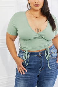 Capella Back To Simple Full Size Ribbed Front Scrunched Top in Green  22.00 MPGD Corp Merchandise