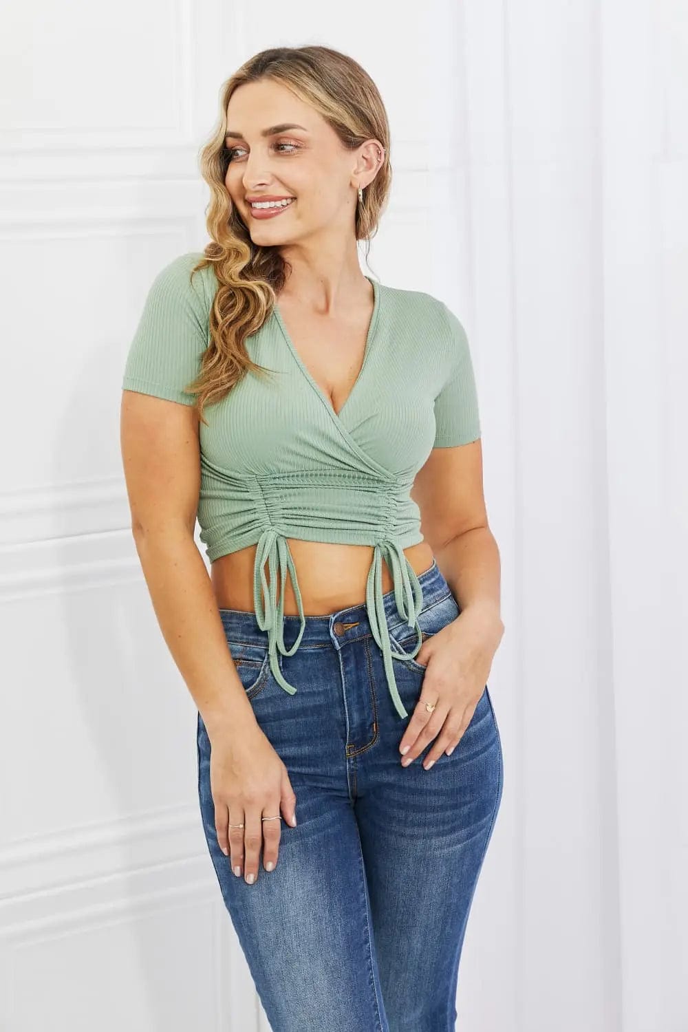 Capella Back To Simple Full Size Ribbed Front Scrunched Top in Green  22.00 MPGD Corp Merchandise