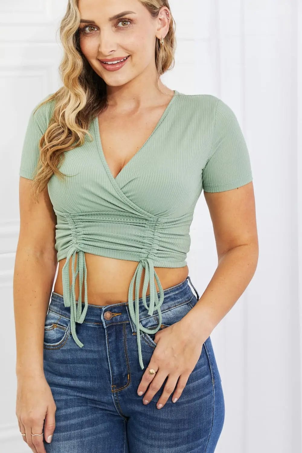 Capella Back To Simple Full Size Ribbed Front Scrunched Top in Green  22.00 MPGD Corp Merchandise