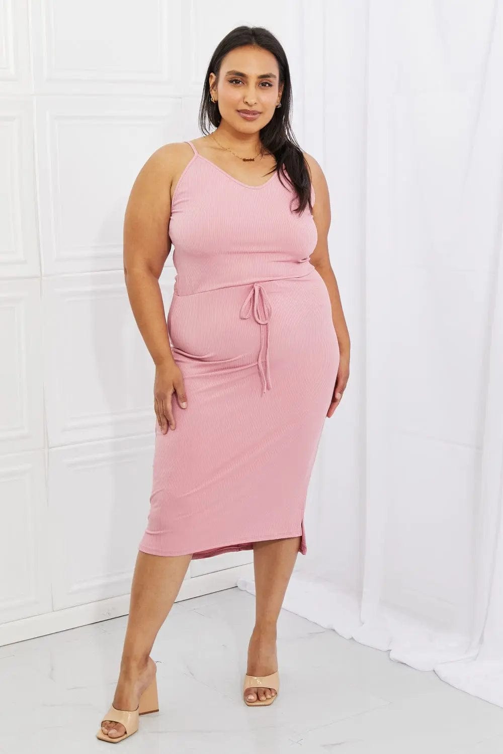 Capella Flatter Me Full Size Ribbed Front Tie Midi Dress in Blush Pink  28.00 MPGD Corp Merchandise