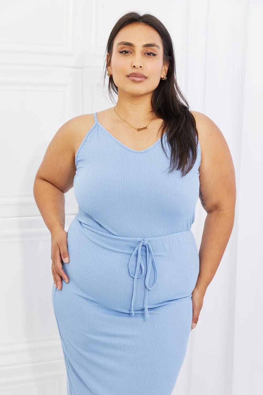 Capella Flatter Me Full Size Ribbed Front Tie Midi Dress in Pastel Blue  28.00 MPGD Corp Merchandise