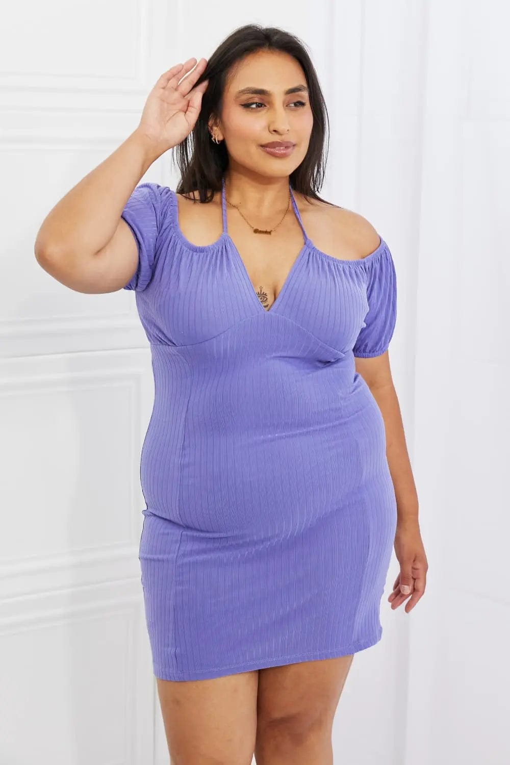 Capella Miss Independent Full Size Off-The Shoulder Rib Knit Mini Dress  33.00 MPGD Corp Merchandise