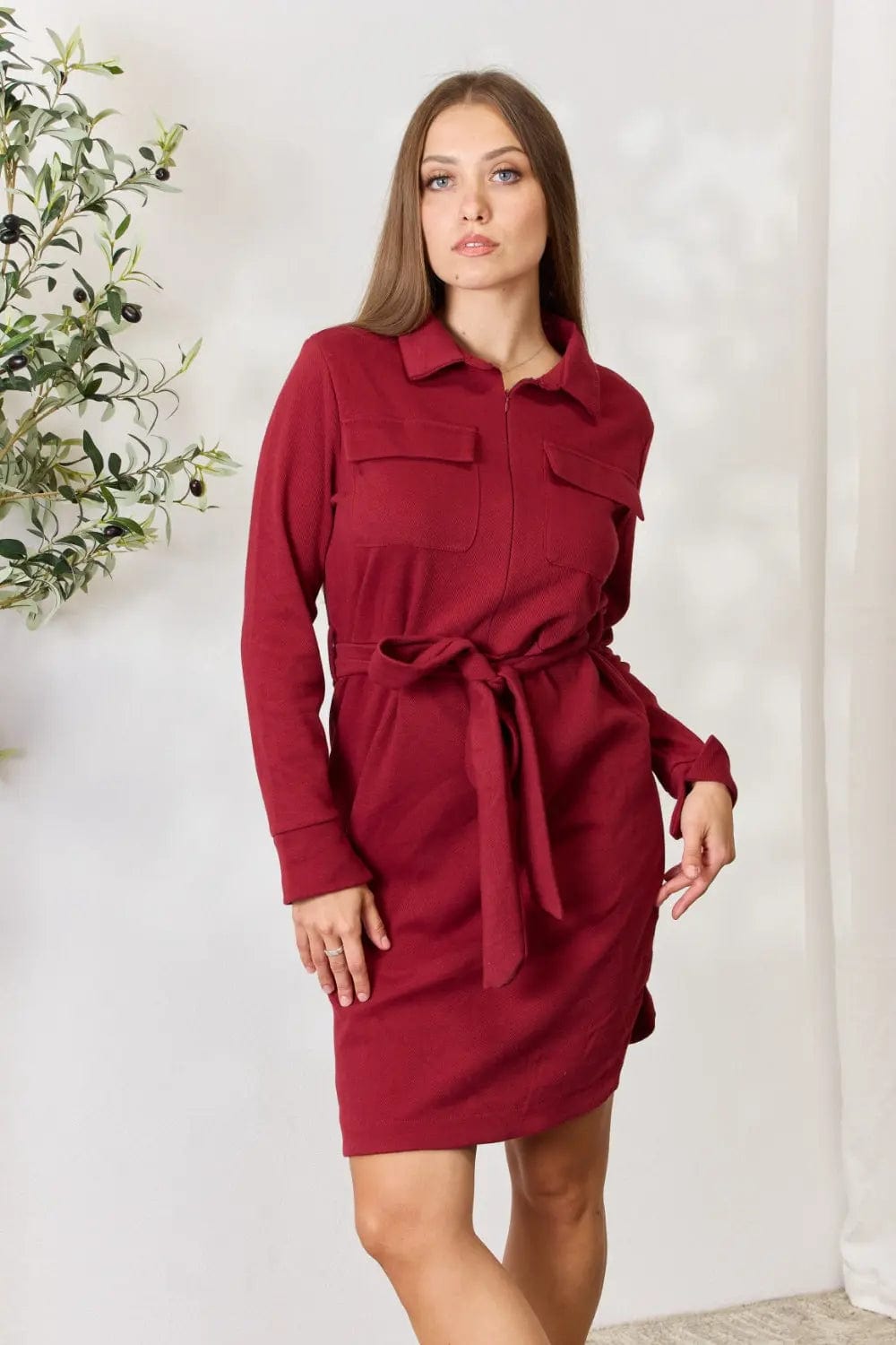 Culture Code Full Size Tie Front Half Zip Long Sleeve Shirt Dress   MPGD Corp Merchandise
