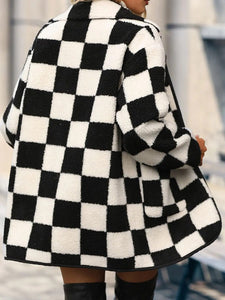 Double Take Full Size Checkered Button Front Coat with Pockets   MPGD Corp Merchandise