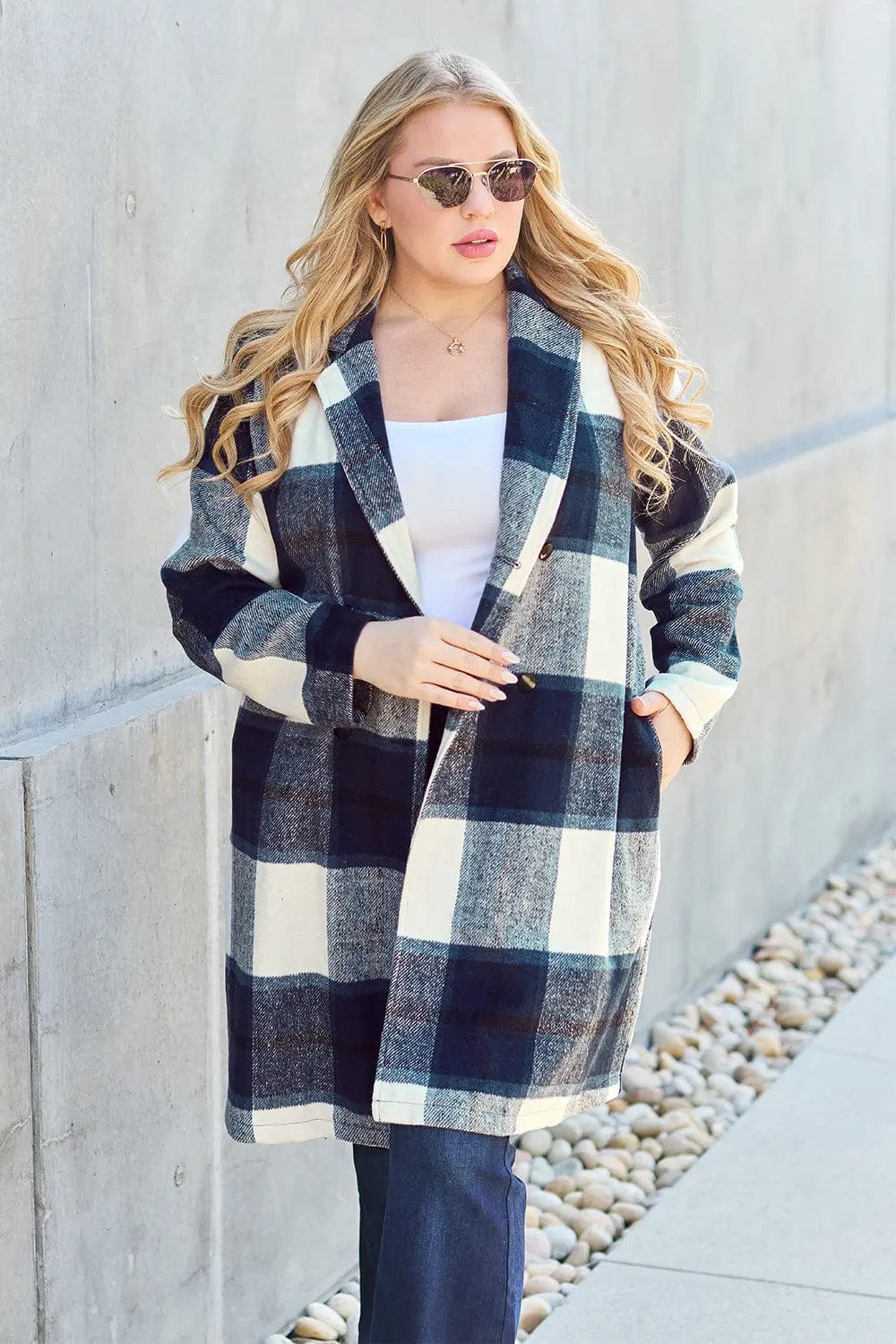 Double Take Full Size Plaid Button Up Lapel Collar Coat   MPGD Corp Merchandise