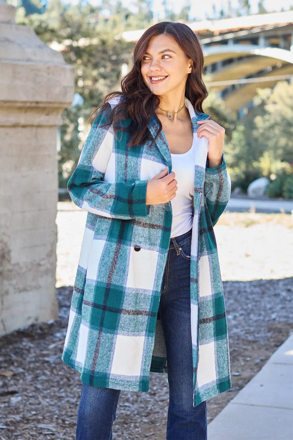 Double Take Full Size Plaid Button Up Lapel Collar Coat  48.00 MPGD Corp Merchandise