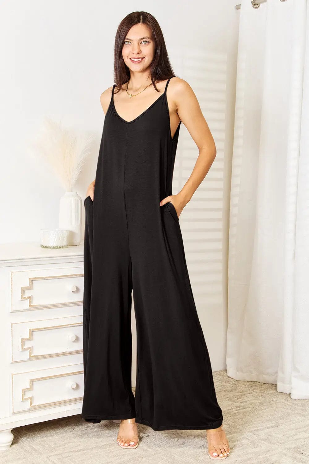 Double Take Full Size Soft Rayon Spaghetti Strap Tied Wide Leg Jumpsuit   MPGD Corp Merchandise