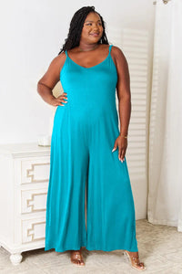 Double Take Full Size Soft Rayon Spaghetti Strap Tied Wide Leg Jumpsuit   MPGD Corp Merchandise