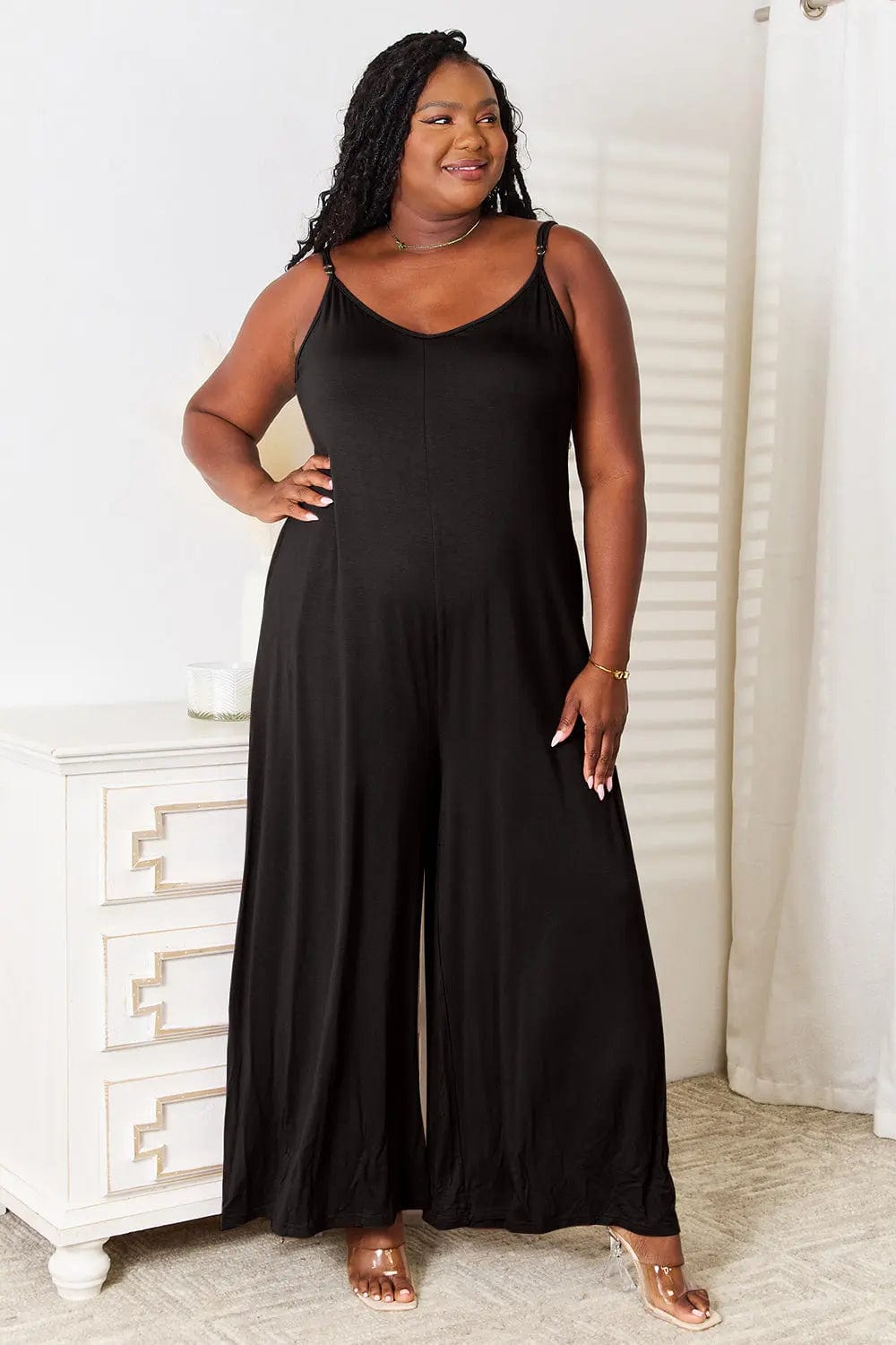 Double Take Full Size Soft Rayon Spaghetti Strap Tied Wide Leg Jumpsuit  35.00 MPGD Corp Merchandise