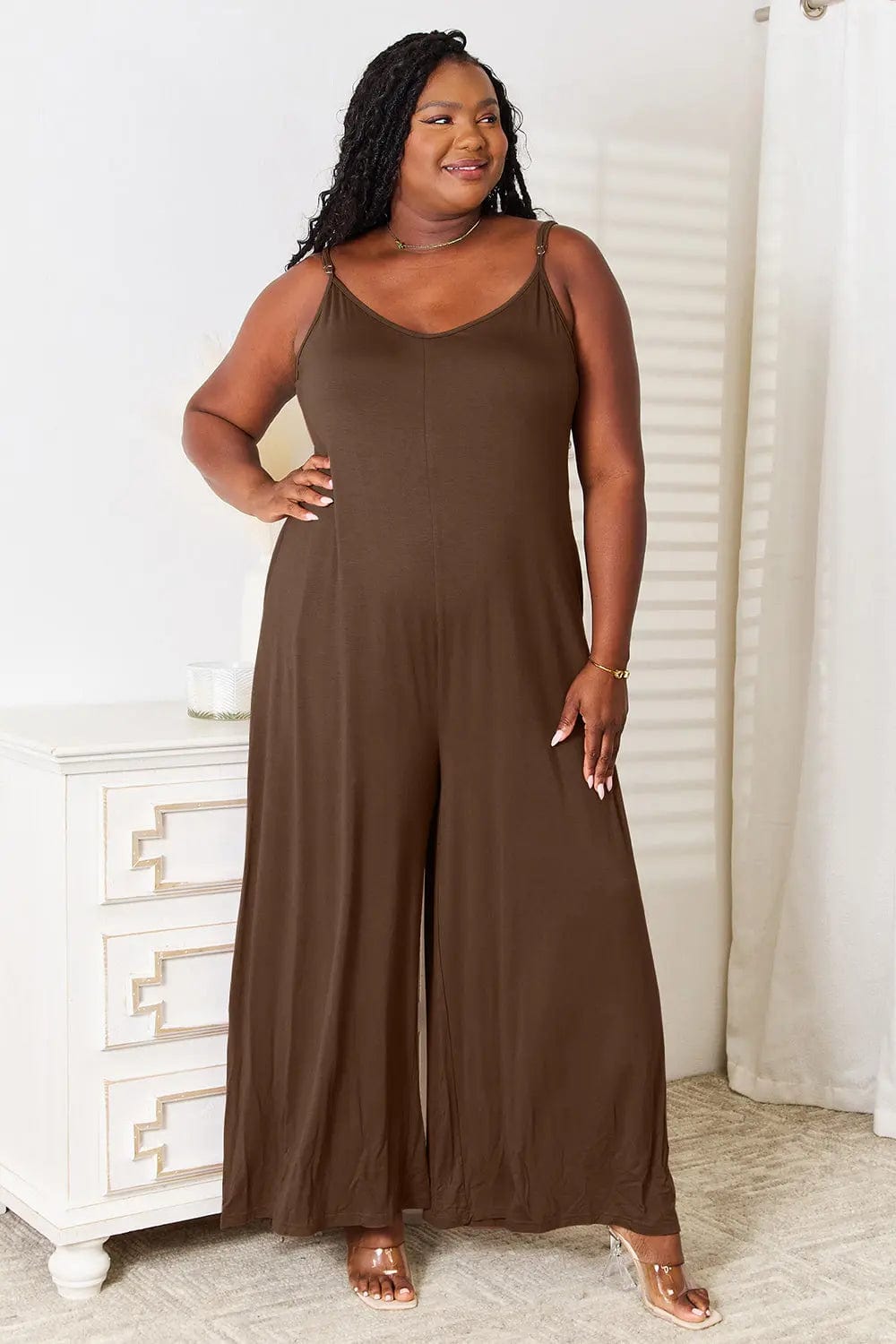 Double Take Full Size Soft Rayon Spaghetti Strap Tied Wide Leg Jumpsuit  35.00 MPGD Corp Merchandise