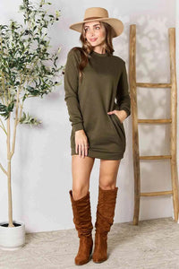 Double Take Round Neck Long Sleeve Mini Dress with Pockets   MPGD Corp Merchandise