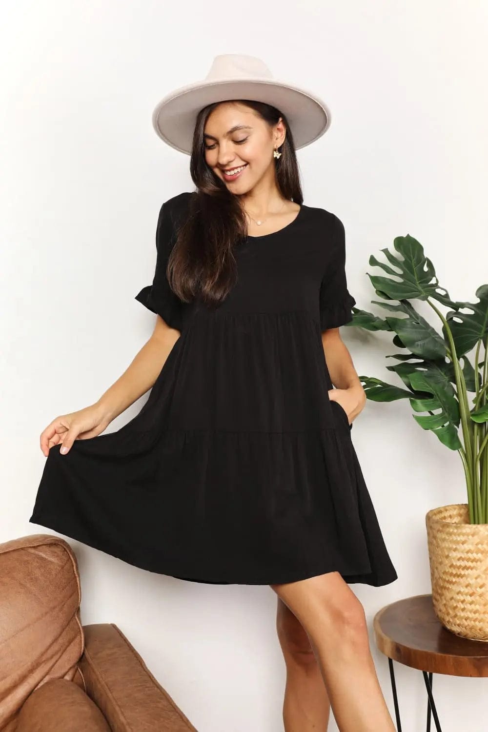 Double Take V-Neck Flounce Sleeve Tiered Dress   MPGD Corp Merchandise