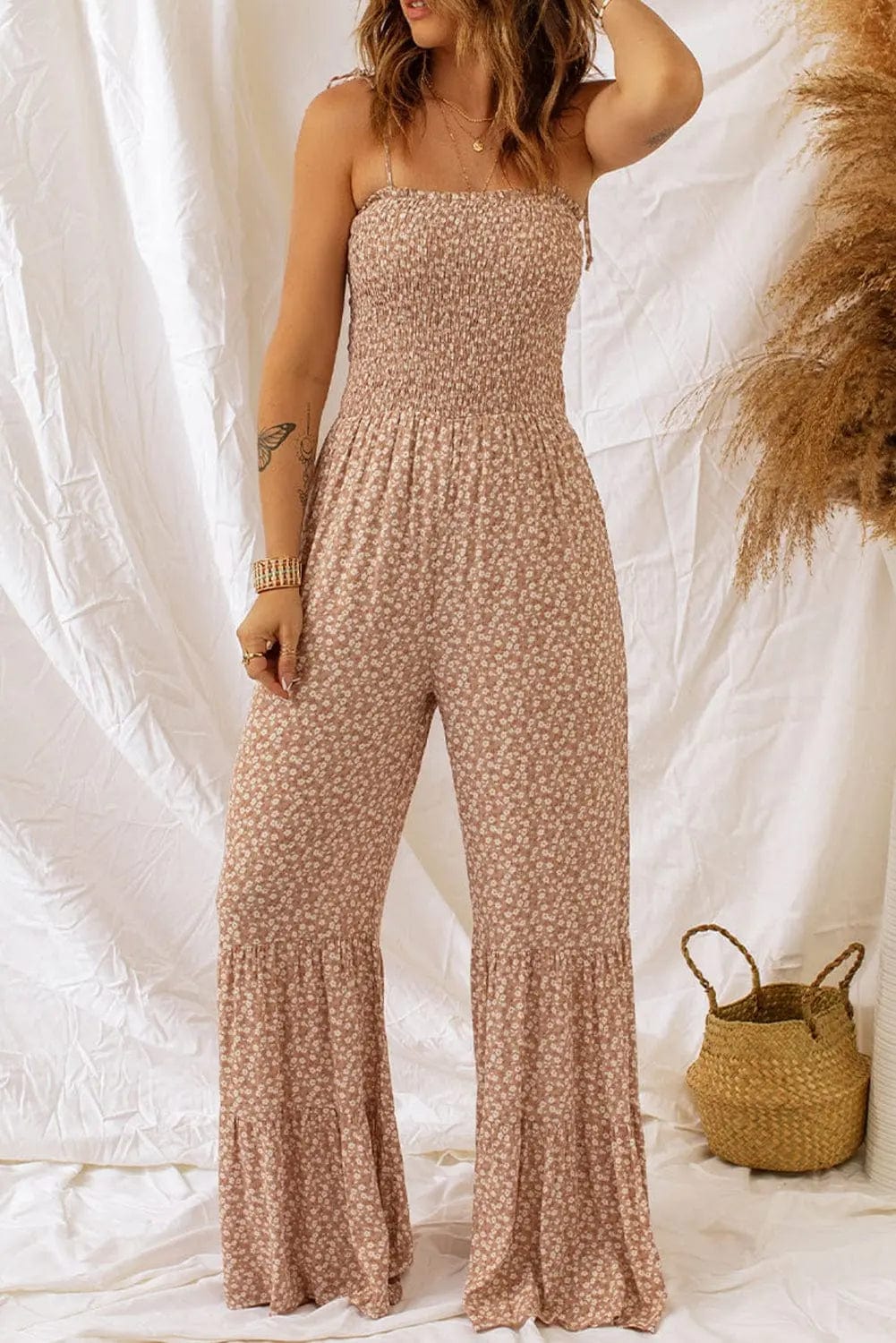 Floral Spaghetti Strap Smocked Wide Leg Jumpsuit  39.00 MPGD Corp Merchandise