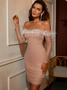 Glitter Feather Trim Off-Shoulder Ruched Mini Dress  110.00 MPGD Corp Merchandise