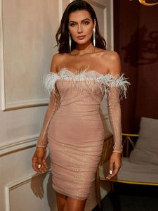 Glitter Feather Trim Off-Shoulder Ruched Mini Dress  110.00 MPGD Corp Merchandise