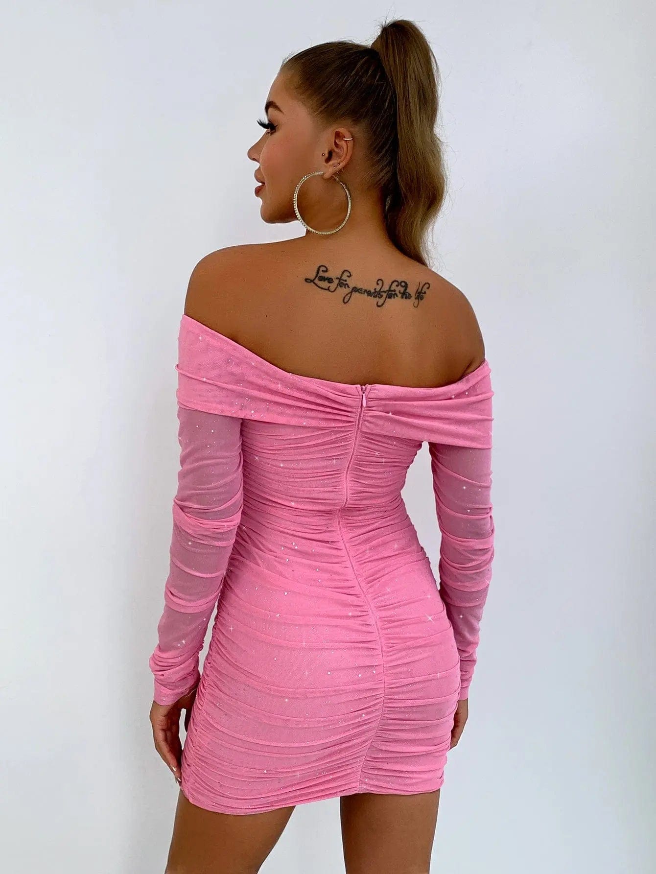 Glitter Ruched Off-Shoulder Long Sleeve Bodycon Dress  44.00 MPGD Corp Merchandise