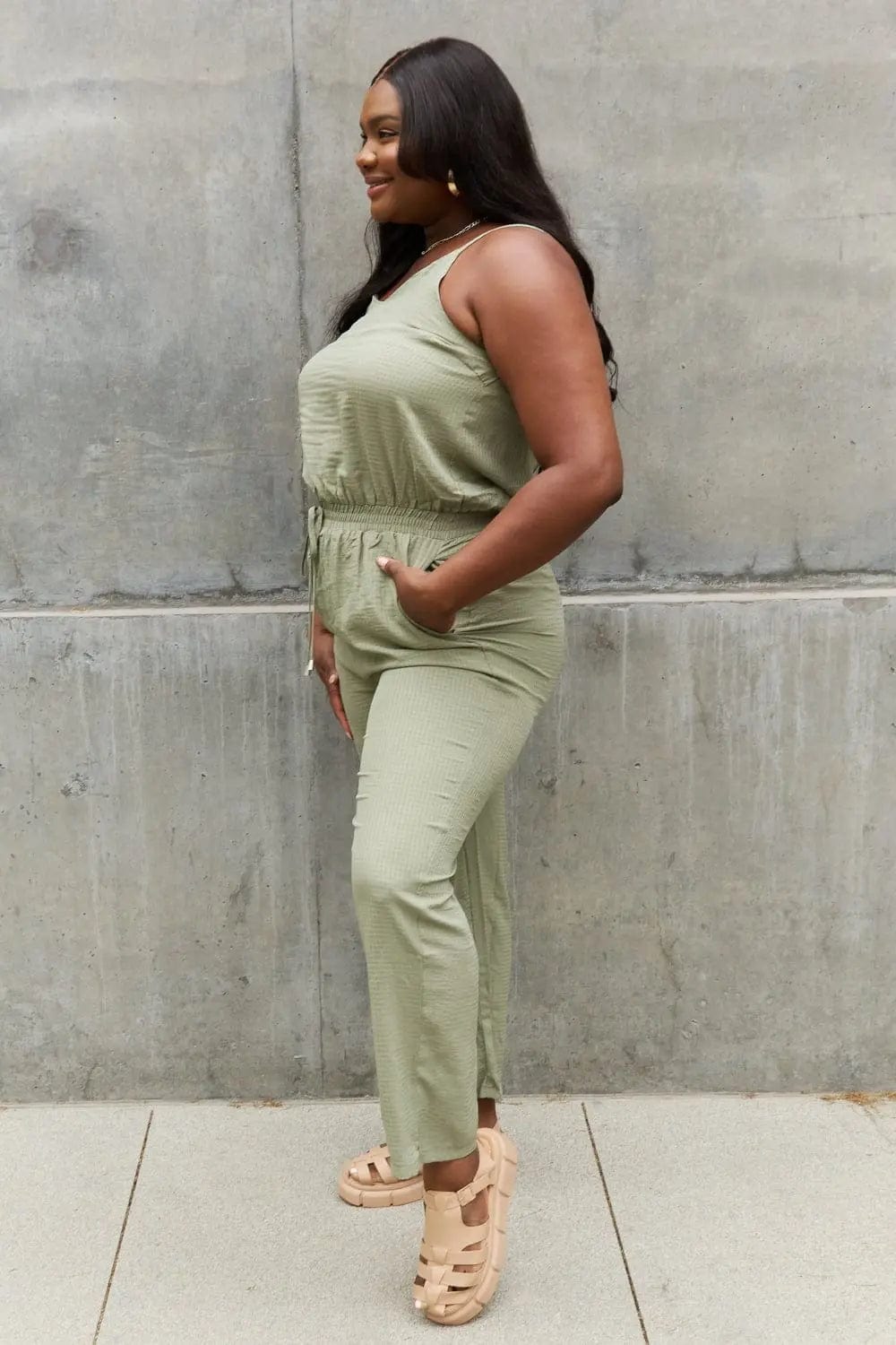 ODDI Full Size Textured Woven Jumpsuit in Sage  55.00 MPGD Corp Merchandise