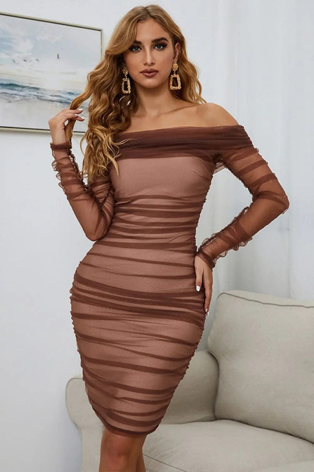 Off-Shoulder Ruched Long Sleeve Tulle Dress  90.00 MPGD Corp Merchandise