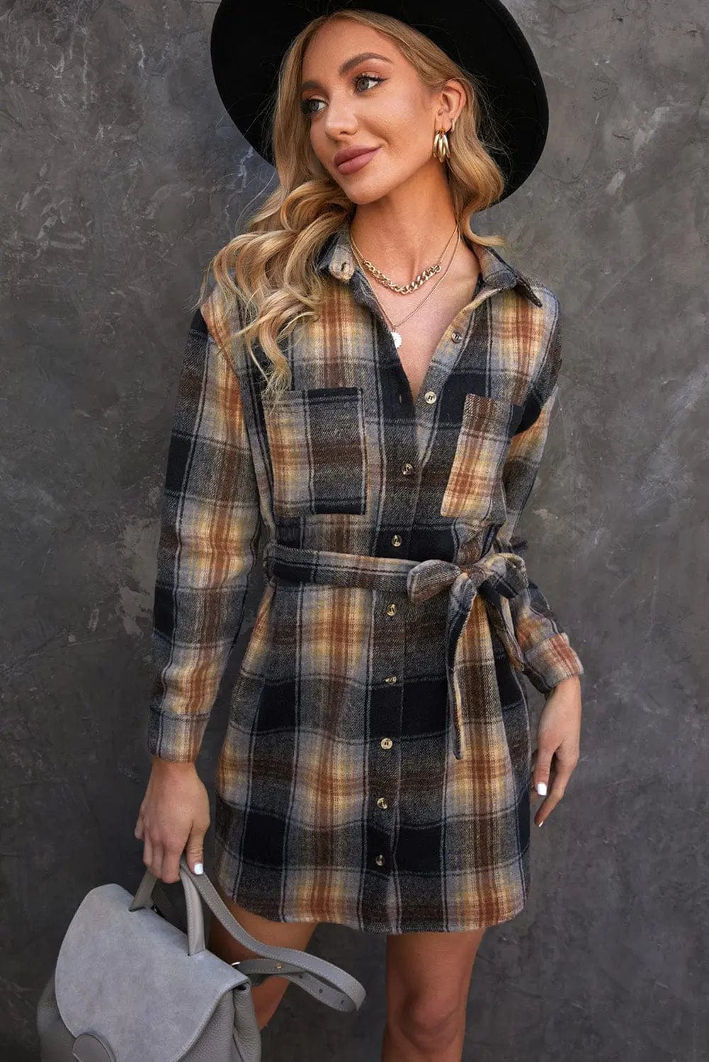 Plaid Tie Waist Button Down Shirt Dress  49.00 MPGD Corp Merchandise