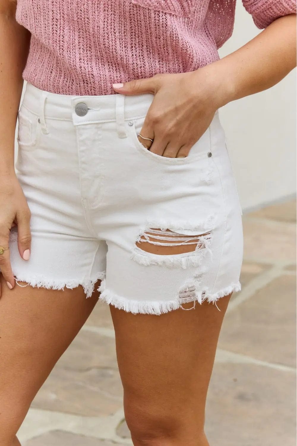 RISEN Lily High Waisted Distressed Shorts  48.00 MPGD Corp Merchandise