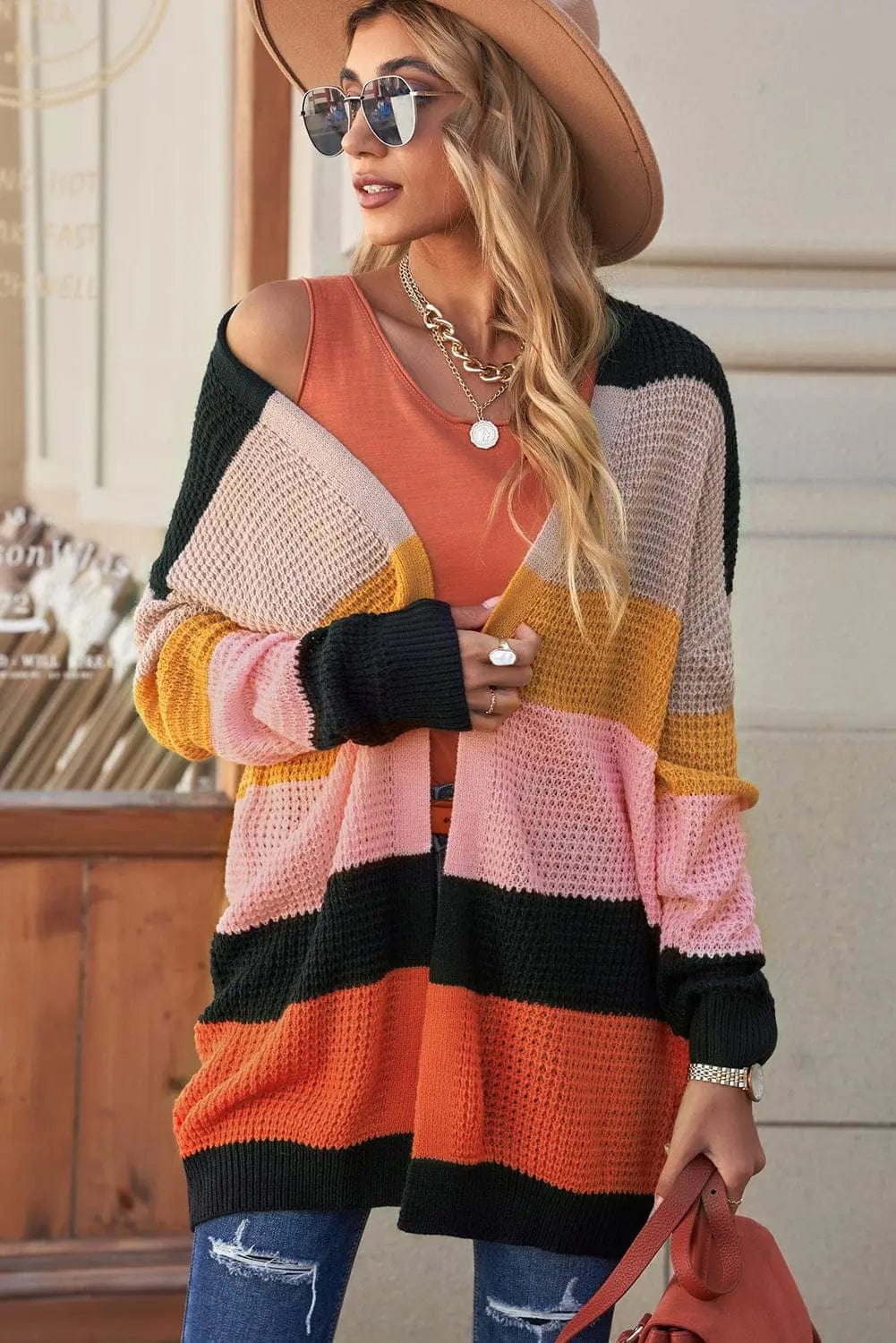 Striped Waffle Knit Open Front Cardigan  35.00 MPGD Corp Merchandise