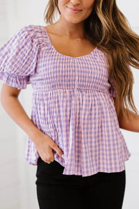 Davi & Dani Youthful Days Full Size Run Gingham Smocked Babydoll Top  46.00 MPGD Corp Merchandise