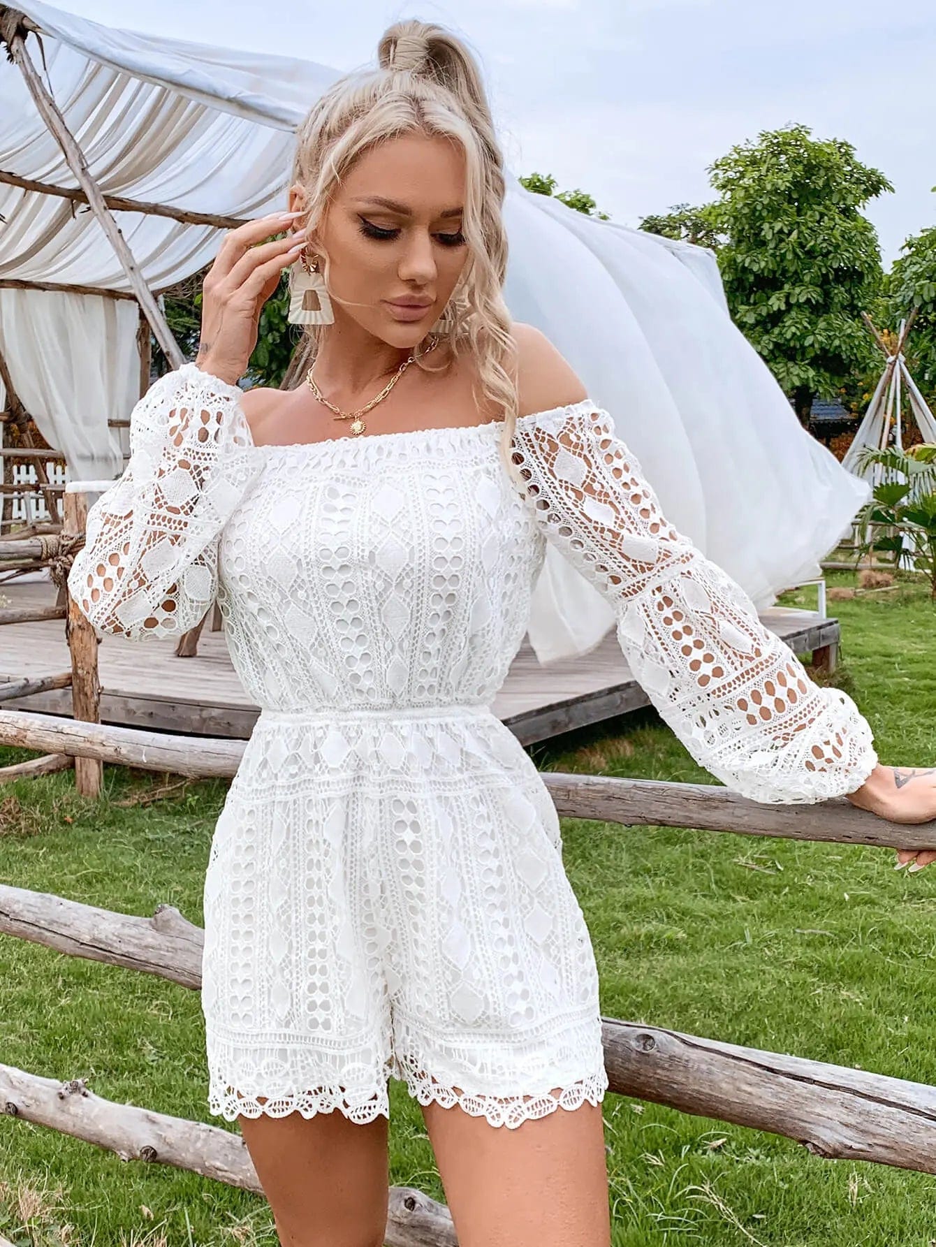 Lace Balloon Sleeve Off-Shoulder  Romper  37.00 MPGD Corp Merchandise